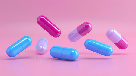 Falling antibiotic pill capsules in healthcare and medical 3d background illustrationの素材