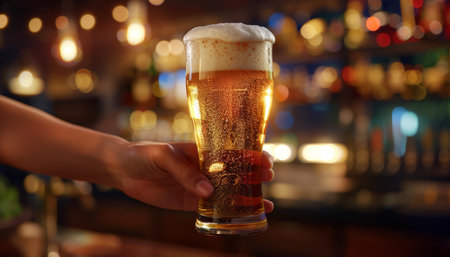 Captivating closeup of frothy beer glass with warm bokeh lights and copy space for text placement.の素材