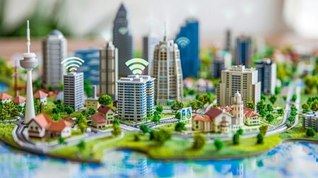 Abstract modern cityscape with wireless network and connection technology conceptの素材