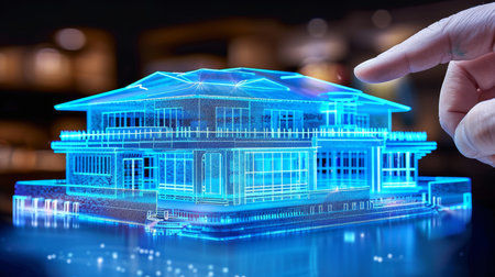 Businessman pointing at futuristic virtual reality building hologram on hud backgroundの素材