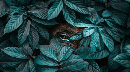 Majestic elephant peeking through lush tropical jungle leaves in the darkness, wildlife sceneの素材