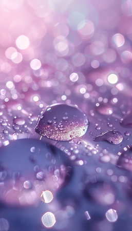 Vibrant macro water droplets reflecting colorful hues on a wet surface in close up viewの素材