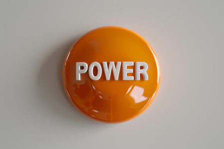 Modern glossy power button with bold  power  text isolated on white background for tech concepts.の素材
