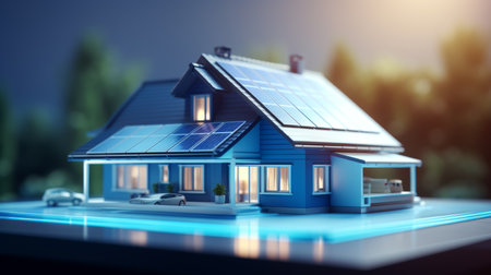 Futuristic smart home 3d model with solar panels for renewable energy concept on blurred backgroundの素材