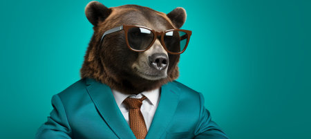 Anthropomorphic bear in business suit working in office, studio shot on plain wall with copy spaceの素材
