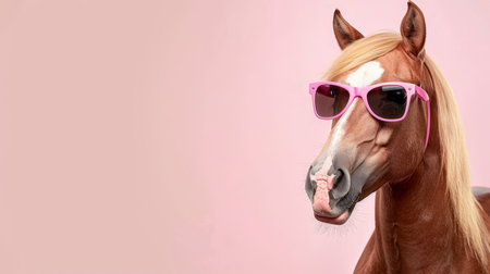 Humorous horse wearing sunglasses on pastel color background with space for textの素材