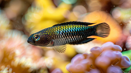 Dottyback fish among vibrant corals in a saltwater aquarium, underwater marine life concept.の素材
