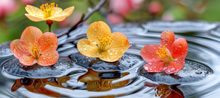 Pastel ponds reflecting spring blooms in abstract background, soft ripples suggest movement and lifeの素材