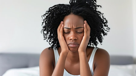 Woman in pajamas sitting on bed, struggling with depression and mental health issuesの素材