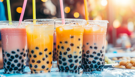 Assorted tapioca bubble teas on blurred coffee shop background, refreshing drink conceptの素材