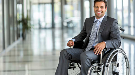 A smiling businessman in a suit working in a modern office while using a wheelchairの素材
