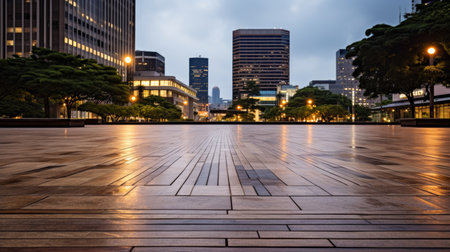 Cityscape view of empty pedestrian walkway with urban background and buildings in the distanceの素材