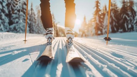 Close up of a skier immersed in the beauty of nature while skiing down the snowy slopesの素材