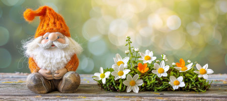 Charming garden gnome in vibrant spring forest with blurred natural backdrop and text space.の素材