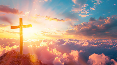 Holy cross symbolizing death and resurrection of jesus christ under heavenly sky over golgotha hillの素材