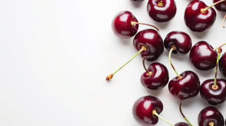 Array of juicy red cherries neatly piled in a top down view on a textured backgroundの素材