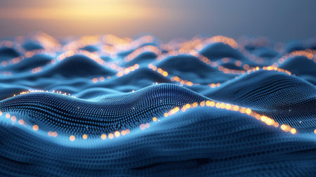 Neon wave lines and bokeh lights on abstract futuristic background, data transfer concept wallpaper.の素材