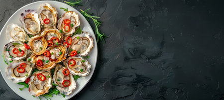 Artistic oyster dish presentation, top view close up, hyperrealistic high resolution captureの素材