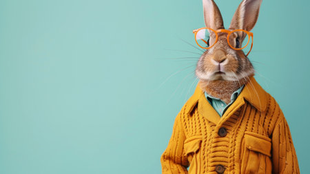 Adorable rabbit with glasses posing in studio setting with ample copy space for text placementの素材