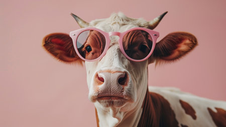Cool and funny cow wearing sunglasses in front of a pastel colored studio backgroundの素材