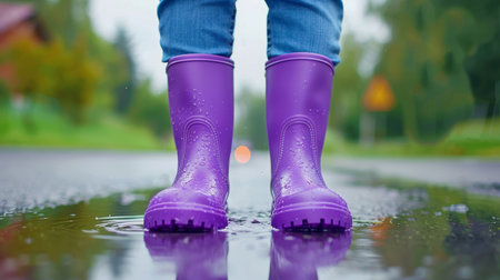 Child in rain boots jumping into a puddle, enjoying a playful moment in the rain.の素材