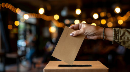 Woman voting at contemporary polling station, putting her ballot into secure sealed boxの素材