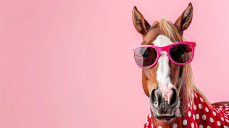 A playful horse wearing stylish sunglasses against a pastel background, perfect for text placementの素材