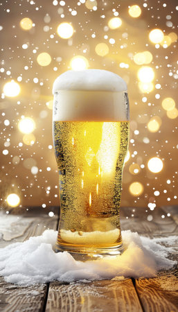 Detailed closeup of frothy beer glass with warm bokeh lights   copy space for text placementの素材