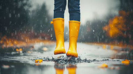 Child in colorful rain boots splashes joyfully in a large puddle on a rainy day under cloudy skies.の素材