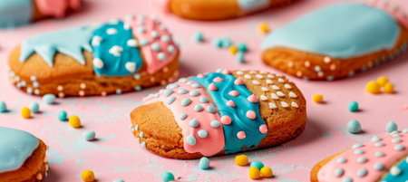 Colorful cookies with vintage quilt pattern icing in blue and pink on multi colored dough backgroundの素材