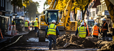 Team of road construction workers laying asphalt and gravel on tarmac surface at construction siteの素材