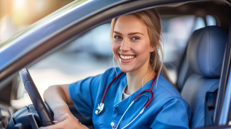 Female healthcare worker in car after shift, balancing career and personal life, driving to work.の素材