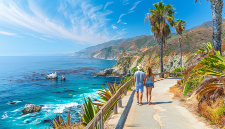 Active senior couple enjoying breathtaking pacific coast view during a leisurely hike togetherの素材