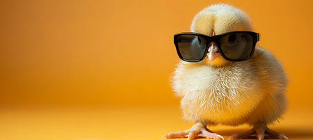 Amusing chicken in sunglasses isolated on pastel background with copy space for textの素材