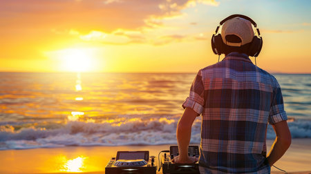 Dj mixing at lively beach party festival with crowd dancing and enjoying music outdoorsの素材