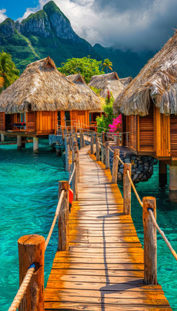 Picturesque wooden walkway to overwater bungalows in tropical resort over turquoise ocean watersの素材