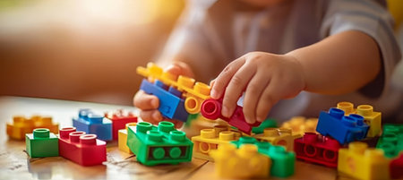 Colorful plastic constructor blocks  little boy playing, ultra hd, close up with copy spaceの素材