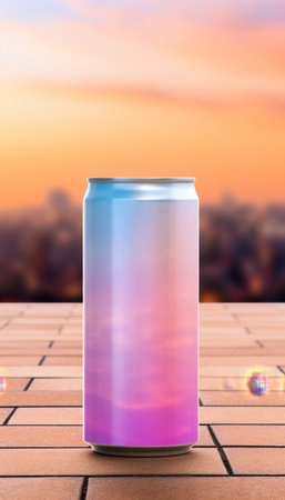 Mockup of an empty aluminum soda can on abstract background with space for text placement.の素材