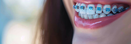 Orthodontic concept  close up of teeth with braces, featuring space for text placementの素材