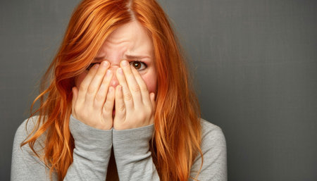 Distressed woman covering face, depression concept with copy space for text, emotional distress.の素材