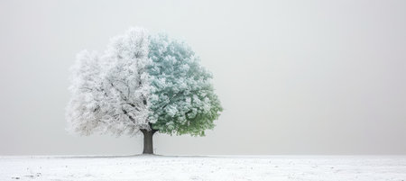 Winter snow vssummer green tree outdoors, climate change and global warming conceptの素材