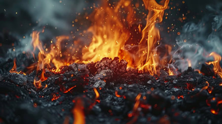 Abstract dark glitter fire particles on black background with embers and sparks.の素材