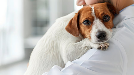 Male veterinarian holding dog in clinical environment with copy space, blurred backgroundの素材