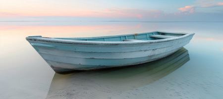 Tranquil boat on calm sea near beachline, peaceful pastel monochromatic landscape with copy spaceの素材