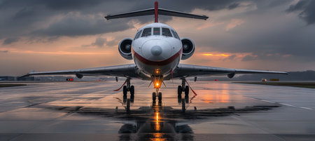 A commercial airplane taking off from the airport runway under a striking and dramatic skyの素材