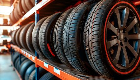 Brand new car tire placed on storage rack in warehouse, automotive industry conceptの素材