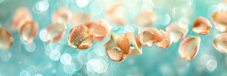 Elegant spring  rose gold   powder blue petals float in minimalist abstract backdrop.の素材