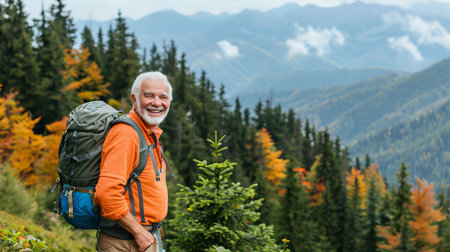Happy senior man smiling while enjoying hiking adventure in the majestic mountainsの素材