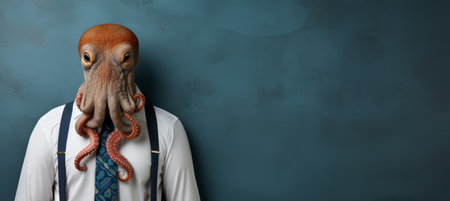 Octopus in business suit working in corporate studio setting, with plain background and copy space.の素材