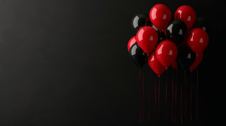 Black friday sale ad with red and black balloons on dark background, space for text, retail concept.の素材